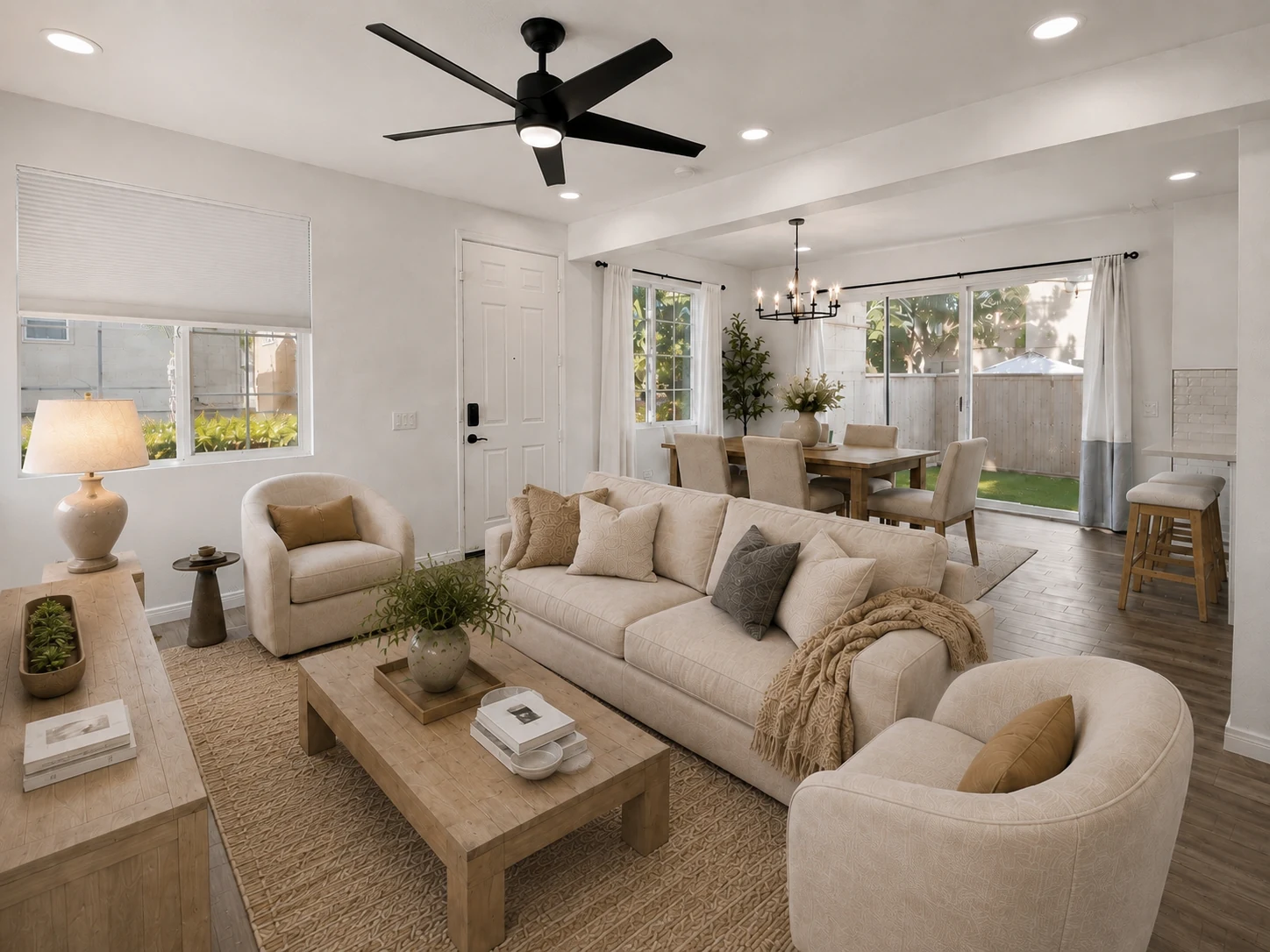 Living to dining open-concept rendering